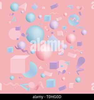 Kawaii pattern di figure 3d realistica composizione primitive con battenti oggetti e forme in movimento isolato su sfondo blu. Il design del materiale Illustrazione Vettoriale