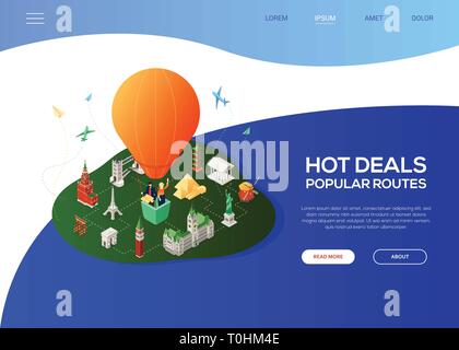 Hot deals, percorsi popolari - colorata isometrica banner web Illustrazione Vettoriale