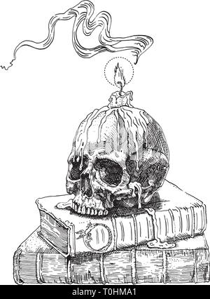 Libri di magia, il cranio e la candela. Disegnata da incisione in stile medievale di inchiostro e penna pennini illustrazione vettoriale. Fantasia, occultismo, alchimia, stregoneria, ritua Illustrazione Vettoriale