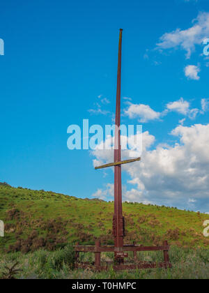 Rongo Nui, Hauhau palo cerimoniale, Maraekowhai, Whanganui River, Ruapehu District, Nuova Zelanda Foto Stock