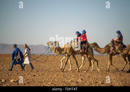 Camel caravan con i turisti che passano attraverso il deserto del Sahara Foto Stock