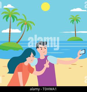 Coppia giovane tenendo autoritratto in spiaggia.appartamento Estate design dello sfondo. Vettore paesaggio spiaggia Illustrazione Vettoriale