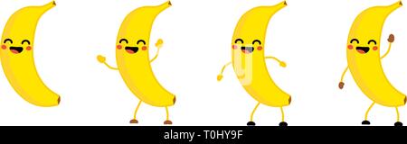 Carino stile kawaii Banana icona di frutta a occhi chiusi, sorridente con la bocca aperta. Versione con le mani alzate, giù e agitando. Illustrazione Vettoriale