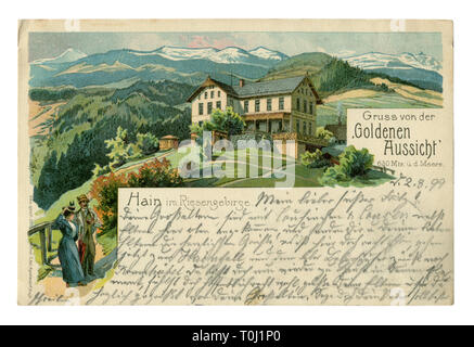 Storico tedesco chromolithographic pubblicità cartolina: paesaggio di montagna con hotel 'Goldenen Aussicht'. I turisti guest house. Il testo lettere Foto Stock