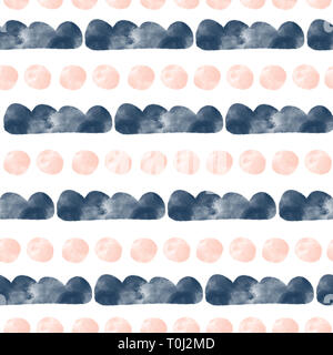 Acquerello forme pattern seamless tile. Abstract ripetendo lo sfondo con punti ad acquerello in rosa e in blu di elementi in righe. Per i bambini il decor, vivaio Foto Stock