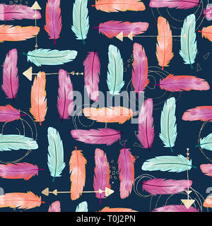 Acquerello piume boho seamless pattern con piume e di lamina di oro frecce. Decorazione tribale nativo stampa. Arancione, Rosa, Blu, teal piume di uccelli Foto Stock