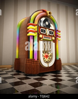 Jukebox in piedi sul suolo dama accanto alla parete. 3D'illustrazione. Foto Stock