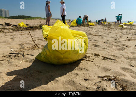 Durban, KwaZulu-Natal, Sud Africa, inquinamento di plastica, giallo sacco riempito con rifiuti raccolti da volontari cittadini lavato fino sulla spiaggia, persone Foto Stock