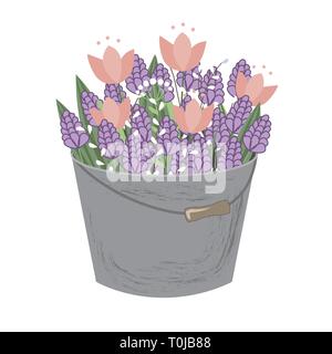 Bouquet di primavera doodle giacinti e tulipani fiori in grigio la benna isolati su sfondo bianco. Illustrazione Vettoriale. Molla di composizione floreale. Illustrazione Vettoriale