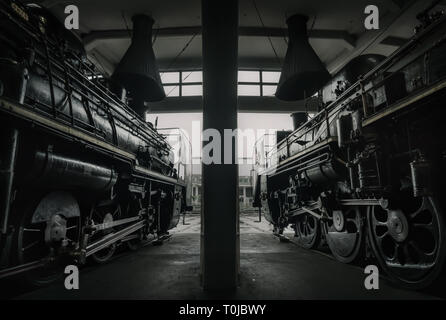 Due locomotive a vapore giapponesi conservate seduti nel capannone del motore al Museo ferroviario di Kyoto, Kyoto, Giappone Foto Stock