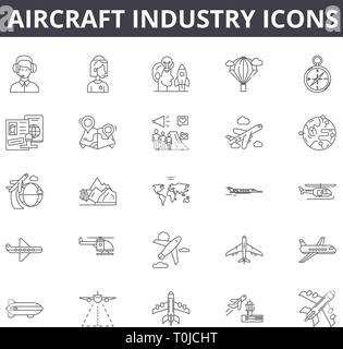 Industria aeronautica icone di linea. Corsa Modificabile segni. Concetto di icone: aviazione, jet, aereo, trasporto aereo, volo ecc. Industria aeronautica in contorno Illustrazione Vettoriale