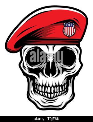 Dettagliata cranio classico testa indossando Red MILITARI ESERCITO Beret illustrazione Illustrazione Vettoriale