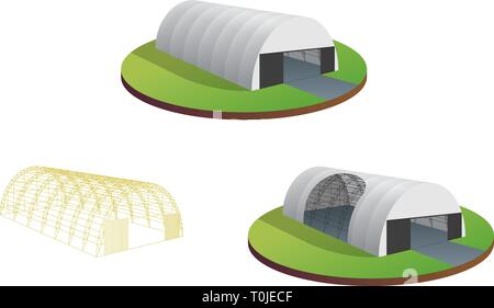 Tenda telone tenda magazzino provvisorio exhibition hall di tunnel aereo hangar. Fienile costruzione dell'edificio wireframe. Cancella il telaio di taglio. Vector isomet Illustrazione Vettoriale