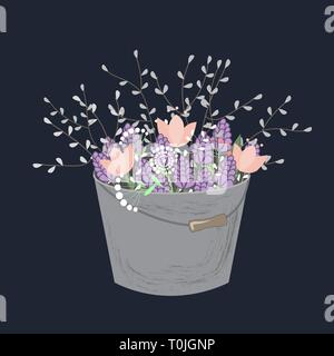 Bouquet di primavera doodle fiori in grigio la benna isolati su sfondo bianco. Molla di vettore di composizione floreale con giacinti, tulipani e il salice. Illustrazione Vettoriale