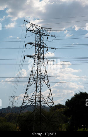 Johannesburg, Sud Africa, 20 marzo, 2019. Le linee elettriche in Emmarentia, Johannesburg. Il Sud Africa sta attraversando una crisi di energia elettrica ed è attualmente di alleggerimento del carico 24/7 sulla base di una rotazione. Stato dell'azienda elettrica Eskom non dispone di alimentazione sufficiente per mantenere la nazione luci accese. Attualmente nessun altra soluzione è stato annunciato. Credito: Eva-Lotta Jansson/Alamy News Foto Stock