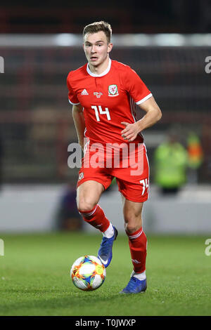 Wrexham, Regno Unito. 20 Mar, 2019. Ryan siepi del Galles in azione. Calcio internazionale amichevole, il Galles v Trinidad & Tobago al Racecourse Ground a Wrexham mercoledì 20 marzo 2019. Questa immagine può essere utilizzata solo per scopi editoriali. Solo uso editoriale, è richiesta una licenza per uso commerciale. Nessun uso in scommesse, giochi o un singolo giocatore/club/league pubblicazioni. pic da Chris Stading/Andrew Orchard fotografia sportiva/Alamy Live news Foto Stock