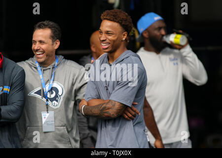 Marzo 19, 2019.UCLA Bruins quarterback Dorian Thompson-Robinson (7) durante la UCLA Pro giorno 2019 a Spaulding siete campo in Westwood, CA il 19 marzo 2019 (foto di Jevone Moore) Foto Stock