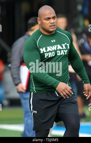 Marzo 19, 2019.Hawaii Warriors defensive back Eugene Ford (8) durante le Hawaii Pro giorno 2019 a Spaulding siete campo in Westwood, CA il 19 marzo 2019 (foto di Jevone Moore) Foto Stock