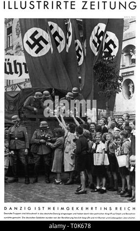 La Seconda Guerra Mondiale / WWII, Polonia, 1939, collegamento di Danzica per il Reich tedesco, 1.9.1939, i soldati della Wehrmacht tedesca sono accolti dal popolino, ritagli di giornale, Illustrierte Zeitung, settembre 1939, Additional-Rights-Clearance-Info-Not-Available Foto Stock