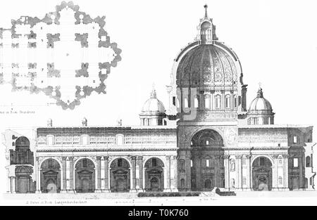 Geografia / viaggi, Italia, Roma, Vaticano, chiese, Basilica di San Pietro, costruito 1506 - 1626, sezione trasversale, illustrazione da 'Denkmaeler der Kunst" (monumenti d'arte), da Wilhelm Luebke e Carl von Luetzow, terza edizione, Stuttgart 1879, volume 2, acciaio incisione di H. Gugeler, dopo il disegno di Wilhelm Riefstahl, capitolo su architettura, piastra XLVII, Lübke, Lubke, Lützow, Lutzow, Basilica di San Pietro, Basilica Papale di San Pietro, la Basilica Papale di San Pietro, Stati Pontifici, il papato, cattedrale, cattedrali, Europa meridionale, capitale, città capitale, , Additional-Rights-Clearance-Info-Not-Available Foto Stock