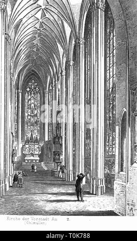 Geografia / viaggi, in Germania, in Baviera, Monaco di Baviera, chiese, Mariahilfkirche, costruito 1831 - 1839, architetto: Giuseppe Daniele Ohlmueller, vista interna, illustrazione da 'Denkmaeler der Kunst" (monumenti d'arte), da Wilhelm Luebke e Carl von Luetzow, terza edizione, Stuttgart 1879, volume 2, acciaio incisione di Riegel, capitolo su architettura, piastra LIV, secolo XIX, interno, interno, all'interno, indoor, in interni, il pilastro, pilastri, hall, sale, chiesa, chiese, bavarese, stile gotico, il periodo Gotico, gotico, stile neo-gotico, neo-gotico, Revival gotico, edificio Additional-Rights-Clearance-Info-Not-Available Foto Stock