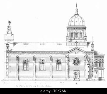 Geografia / viaggi, Germania, Berlino, chiese di San Michele (chiesa Sankt-Michael-Kirche), costruito 1851 - 1859, architetto: Agosto Soller, illustrazione da 'Denkmaeler der Kunst" (monumenti d'arte), da Wilhelm Luebke e Carl von Luetzow, terza edizione, Stuttgart 1879, volume 2, acciaio incisione di J. G. Riegel, dopo il disegno di Wilhelm Riefstahl, capitolo su architettura, piastra LII, Europa Centrale, chiesa, architettura del XIX secolo, sacro e religioso, edificio, edifici storici, storico, Sankt Michael Kirche, Michaelskirche, Denkmaler, Denkm, Additional-Rights-Clearance-Info-Not-Available Foto Stock