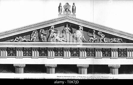 Architettura, il mondo antico, Grecia, western frontone del tempio di Aphea, Egina, gable figure, il combattimento tra Greci e Troiani per il corpo morto di Achìlleo, circa 500 - 480 BC, ricostruzione, incisione su legno, secolo XIX, Aeginetans, trojan, trojan, dea Pallas Athene, mitologia greca, leggenda, saga, leggende e saghe, Troy, guerra di Troia, eroe, eroi, gable, gables, frontoni, tetto, tetti, quinto secolo A.C., storico, storico Additional-Rights-Clearance-Info-Not-Available Foto Stock