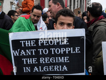 Protesta algerino in Trafalgar Place London calling per il Presidente Abdelaziz Bouteflika di step-down. Foto Stock