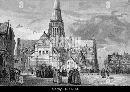 Illustrazione della vista del sud-ovest della vecchia cattedrale di St Paul in 1191 che mostra la Chapter House dal libro Cassell della storia dell'Inghilterra Foto Stock