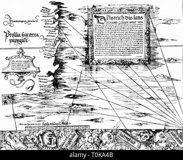 Cartografia, mappe, Brasile, "Carta Marina Navigatoria Portugallensis', dettaglio, xilografia, Germania, 1525, Additional-Rights-Clearance-Info-Not-Available Foto Stock