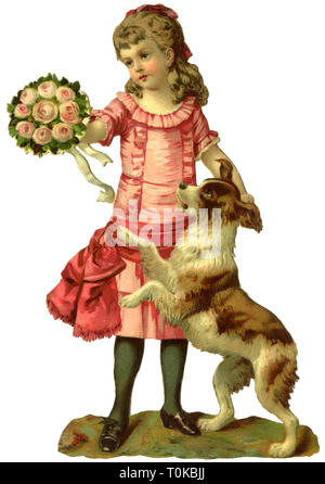 Il kitsch / souvenir, congratulandomi con la Ragazza con rose, rottami-picture, litografia, Germania, 1876, Additional-Rights-Clearance-Info-Not-Available Foto Stock