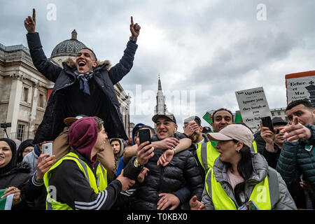 Protesta algerino in Trafalgar Place London calling per il Presidente Abdelaziz Bouteflika di step-down. Foto Stock