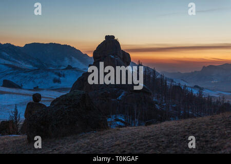 Tramonto in Svizzera mongola, Gorkhi-Terelj Parco Nazionale, Mongolia Foto Stock