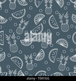Modello senza cuciture con ananas, fettine di arancia e di anguria fette. La frutta tropicale. Estate sfondo. Illustrazione Vettoriale