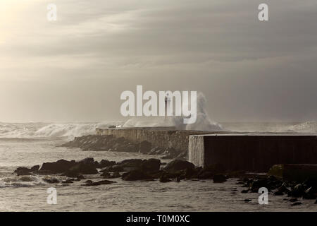 Moody seascape in un giorno nuvoloso. Luce interessante. Foce del fiume Ave, Vila do Conde, Portogallo Foto Stock