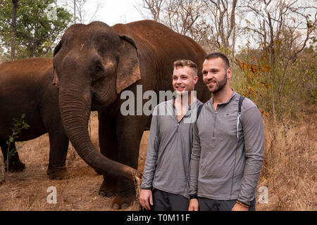 Cambogia, zone di Mondulkiri Provincia, Sen Monorom, elefante progetto Valle, due viaggiatori maschio, posa con ex elefanti di lavoro Foto Stock