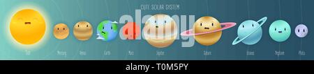 Carino il sistema solare nello spazio in stile cartone animato con i nomi e le orbite Illustrazione Vettoriale