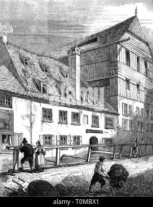 Geografia / viaggi, Germania, Augsburg, edificio, luogo di nascita di Hans Holbein il Giovane, vista esterna, incisione su legno, 'Il London illustrato News' 1859, Additional-Rights-Clearance-Info-Not-Available Foto Stock