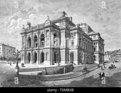 Geografia / viaggi, Germania, Augsburg, teatri Nuovo Teatro Comunale, costruito 1876 - 1877, architetto: Ferdinand Fellner e Hermann Helmer, incisione su legno, 1878, Additional-Rights-Clearance-Info-Not-Available Foto Stock