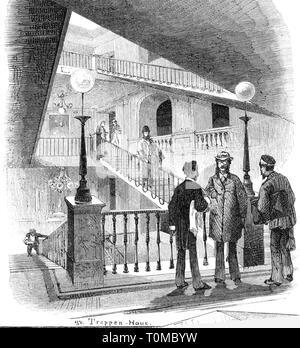 Gastronomia, taverna, inn 'Zu den Drei Mohren", Augsburg, vista interna, scala, incisione su legno dopo il disegno di G. Sundblad, 'Die Gartenlaube', 1878, Additional-Rights-Clearance-Info-Not-Available Foto Stock