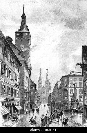 Geografia / viaggi, Germania, Wuerzburg, strade, Domstrasse con vista della cattedrale di san Kilian, incisione su legno dopo il disegno di Richard Puettner, 1890, artista del diritto d'autore non deve essere cancellata Foto Stock