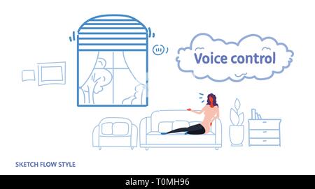 Home tende a vetro controllata da donna seduta sul lettino smart persiane automatiche tech riconosce i comandi di controllo vocale concetto moderno soggiorno Illustrazione Vettoriale