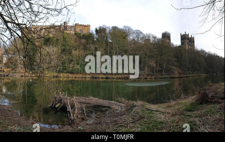 Castello e Cattedrale di Durham su una roccia sopra la città e il fiume usura, England, Regno Unito Foto Stock