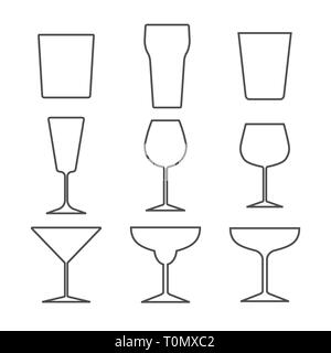 Set di diversi bicchieri di alcol. I simboli e le icone. Design piatto, vettore Illustrazione Vettoriale