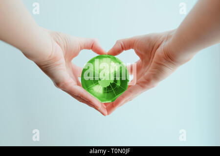 Due mani in forma di cuore tenendo un verde globo di vetro del Polo Sud Foto Stock