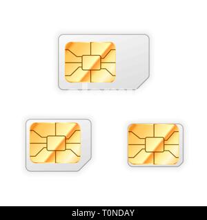 Set di sbozzato standard, micro e nano sim card per telefono con golden chip lucida isolato su bianco Illustrazione Vettoriale