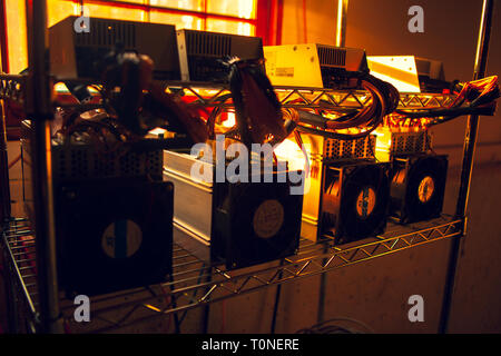 Hardware scheda di circuito per l'estrazione mineraria cryptocurrency - tecnologia finanziaria e denaro per Internet - blockchain bitcoin BTC Foto Stock