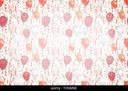 Serpentina luminosa e coriandoli con il rosso e bianco palloncini bianchi su sfondo largo Illustrazione Vettoriale