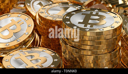 Pile di golden Bitcoins - 3D Rendering Foto Stock