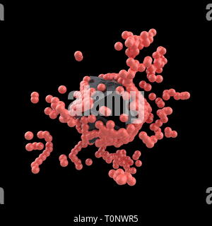 Modello di astratta struttura molecolare nel quartiere alla moda di colore rosa con nero lucido lowpoly core. Isolato su sfondo nero. 3D render Foto Stock